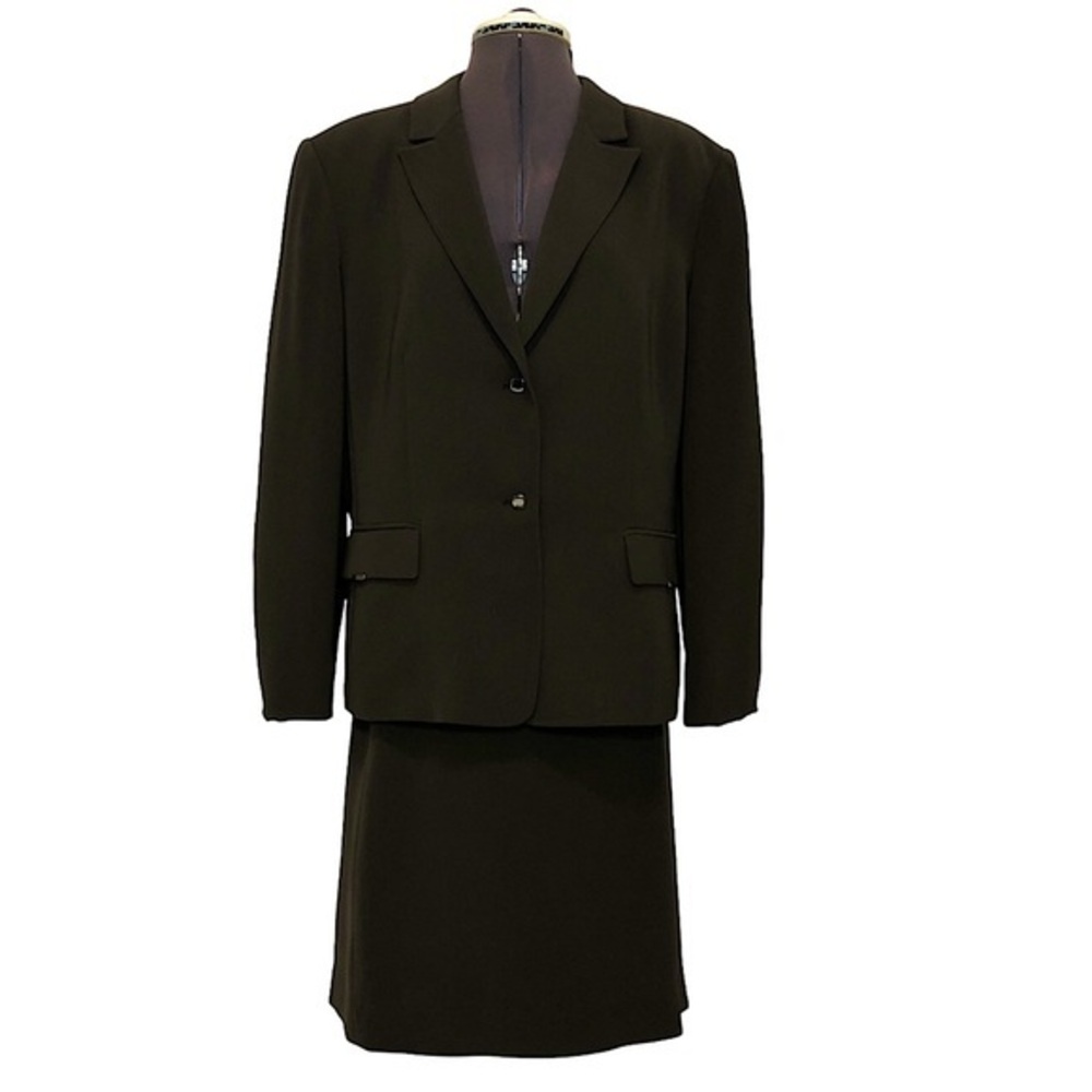 Tahari Arthur S Levine Set 2 Buttons Lined Brown Pockets‎ Jacket & Skirt 16